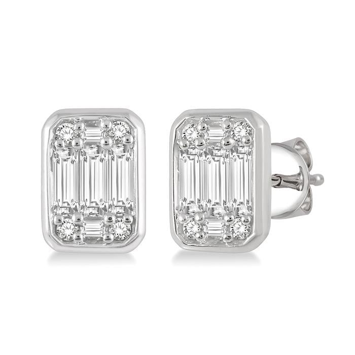1/3 Ctw Octagonal Shape Baguette and Round Cut Diamond Bezel Stud Earrings in 14K White Gold