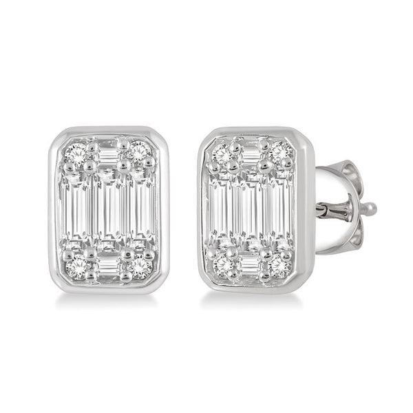 1/3 Ctw Octagonal Shape Baguette and Round Cut Diamond Bezel Stud Earrings in 14K White Gold