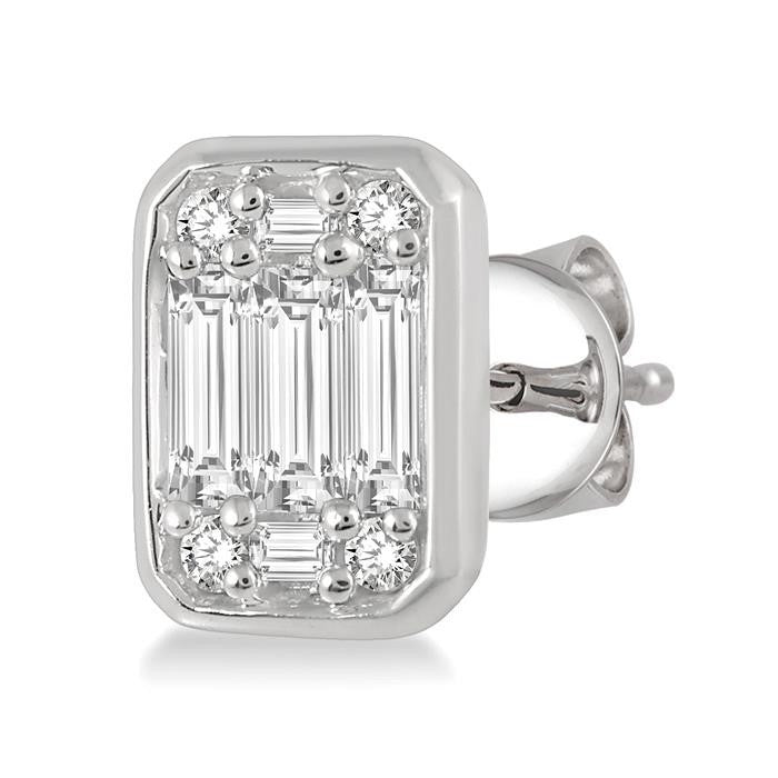 1/3 Ctw Octagonal Shape Baguette and Round Cut Diamond Bezel Stud Earrings in 14K White Gold