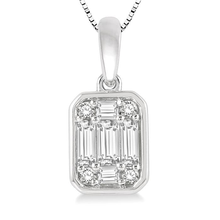 1/3 Ctw Octagonal Shape Baguette and Round Cut Diamond Pendant With Chain in 14K White Gold