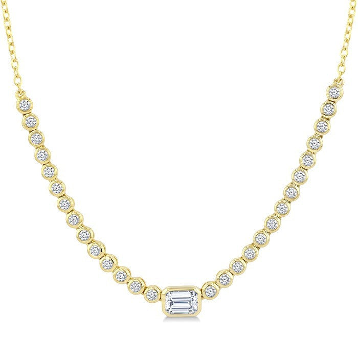 1/2 Ctw Luna Bezel Halfway Bezel Set Emerald and Round Cut Diamond Necklace in 14K Yellow Gold