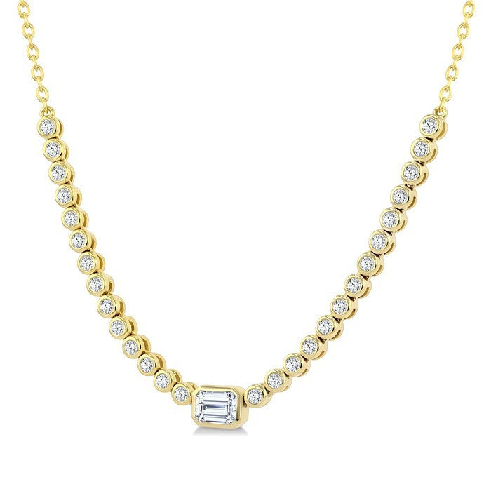 1/2 Ctw Luna Bezel Halfway Bezel Set Emerald and Round Cut Diamond Necklace in 14K Yellow Gold
