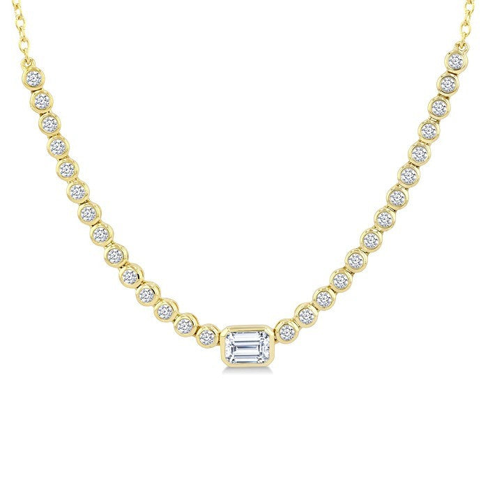 1/2 Ctw Luna Bezel Halfway Bezel Set Emerald and Round Cut Diamond Necklace in 14K Yellow Gold