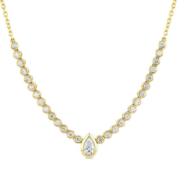 1/2 Ctw Luna Bezel Halfway Bezel Set Pear and Round Cut Diamond Necklace in 14K Yellow Gold