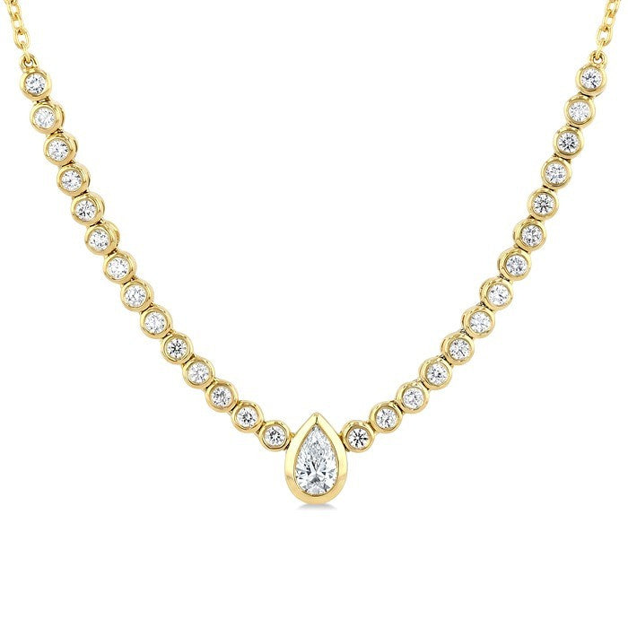 1/2 Ctw Luna Bezel Halfway Bezel Set Pear and Round Cut Diamond Necklace in 14K Yellow Gold