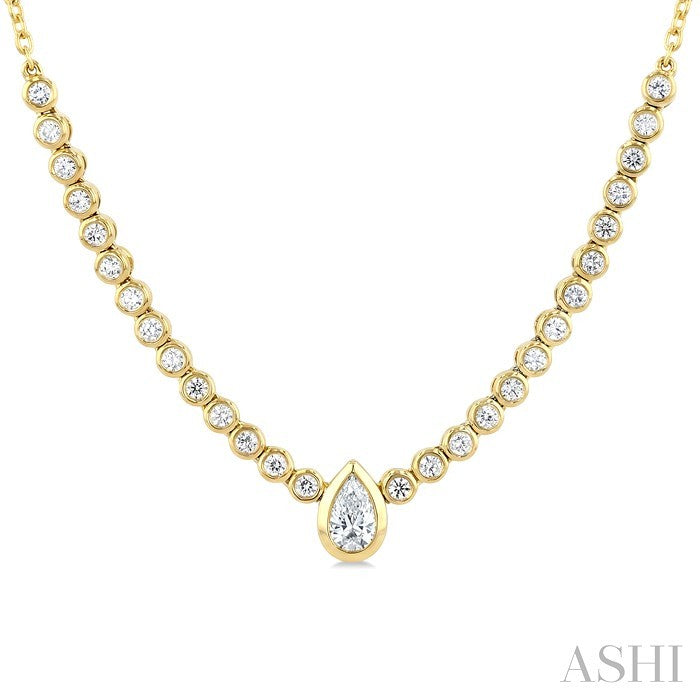 1/2 Ctw Luna Bezel Halfway Bezel Set Pear and Round Cut Diamond Necklace in 14K Yellow Gold