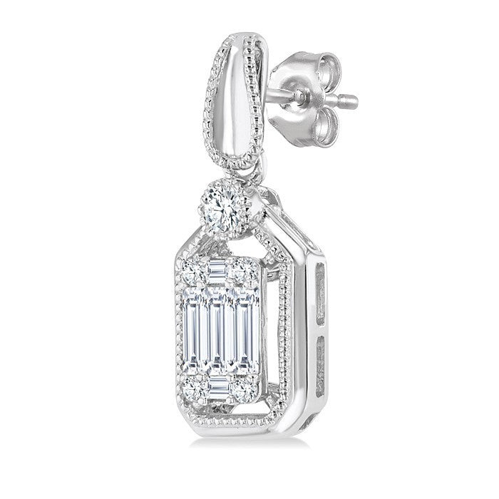 1/3 Ctw Fusion Baguette and Round Cut Diamond Fashion Earrings in 14K White Gold