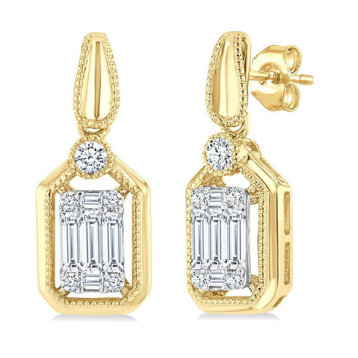 1/3 Ctw Fusion Baguette and Round Cut Diamond Fashion Earrings in 14K Yellow and White Gold