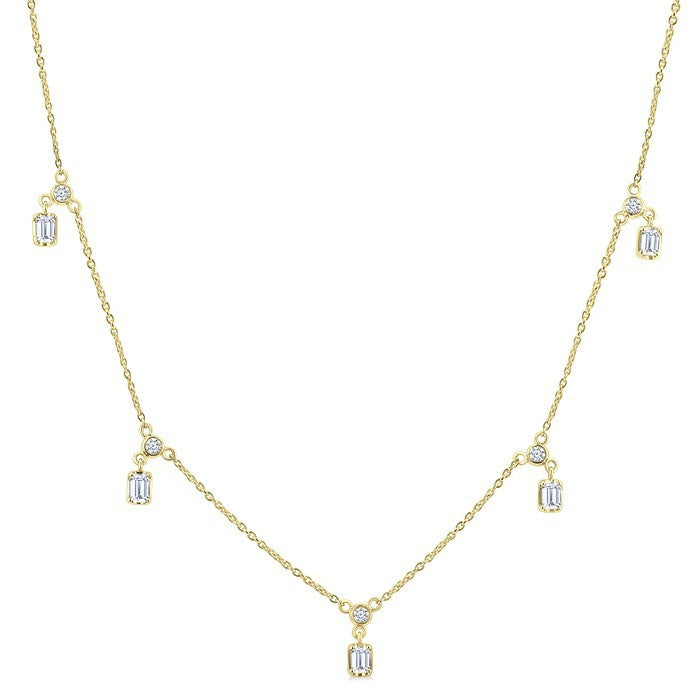 5/8 Ctw Dangle Emerald and Round Cut Diamond Station Necklace in 14K Yellow Gold