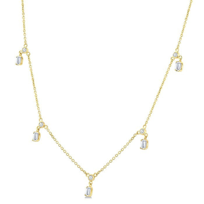 5/8 Ctw Dangle Emerald and Round Cut Diamond Station Necklace in 14K Yellow Gold