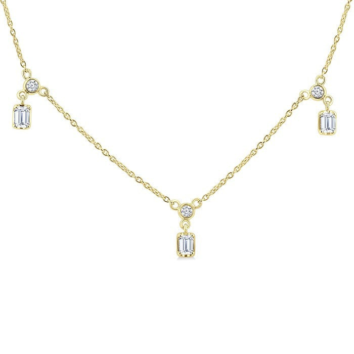 5/8 Ctw Dangle Emerald and Round Cut Diamond Station Necklace in 14K Yellow Gold