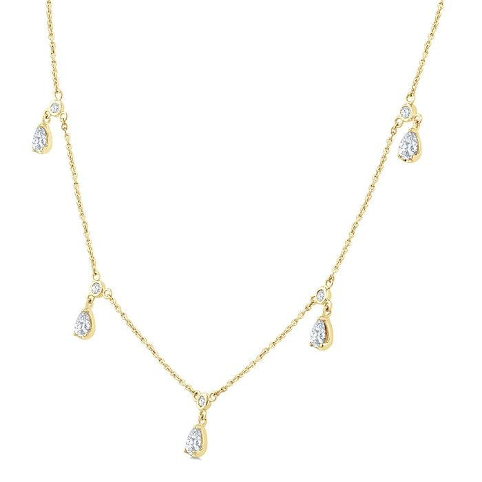 5/8 Ctw Dangle Pear and Round Cut Diamond Station Necklace in 14K Yellow Gold