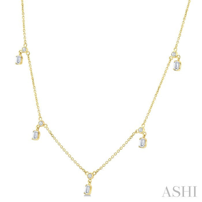 5/8 Ctw Dangle Emerald and Round Cut Diamond Station Necklace in 14K Yellow Gold