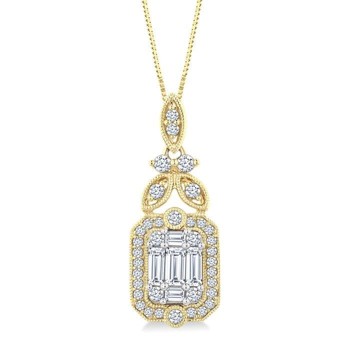 5/8 Ctw Fusion Baguette and Round Cut Diamond Fashion Pendant With Chain in 14K Yellow and White Gold