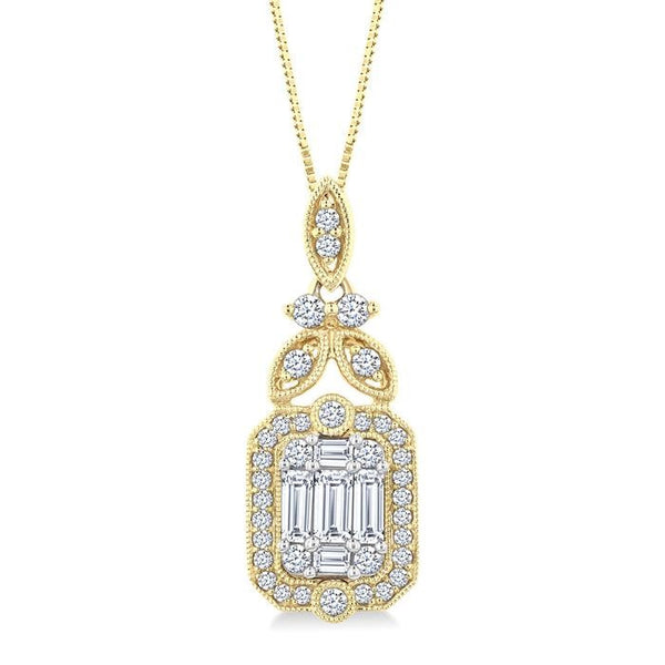 5/8 Ctw Fusion Baguette and Round Cut Diamond Fashion Pendant With Chain in 14K Yellow and White Gold