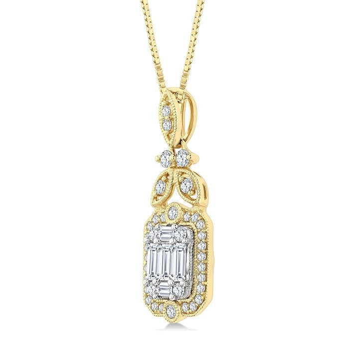 5/8 Ctw Fusion Baguette and Round Cut Diamond Fashion Pendant With Chain in 14K Yellow and White Gold