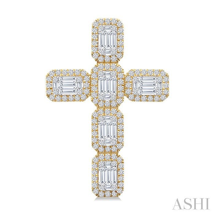 1 1/2 Ctw Cross Fusion Baguette and Round Cut Diamond Fashion Pendant in 14K Yellow and White Gold