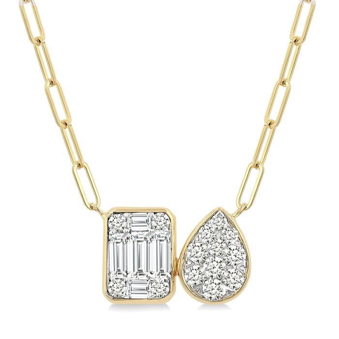1/2 Ctw Shine Bright Emerald and Pear Shape Toi Et Moi Baguette and Round Cut Diamond Necklace in 14K Yellow and White Gold