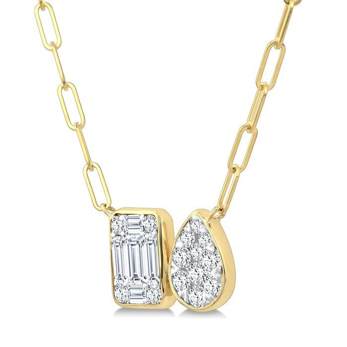 1/2 Ctw Shine Bright Emerald and Pear Shape Toi Et Moi Baguette and Round Cut Diamond Necklace in 14K Yellow and White Gold