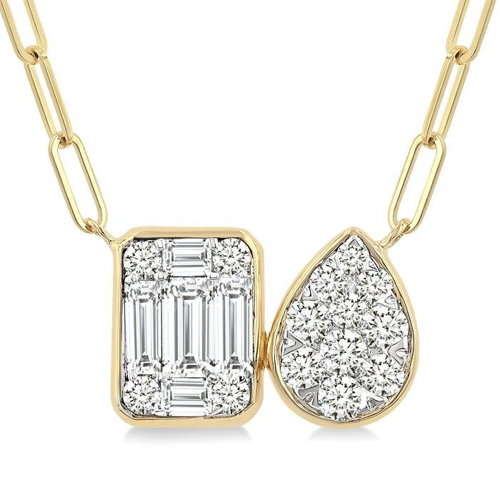 1/2 Ctw Shine Bright Emerald and Pear Shape Toi Et Moi Baguette and Round Cut Diamond Necklace in 14K Yellow and White Gold