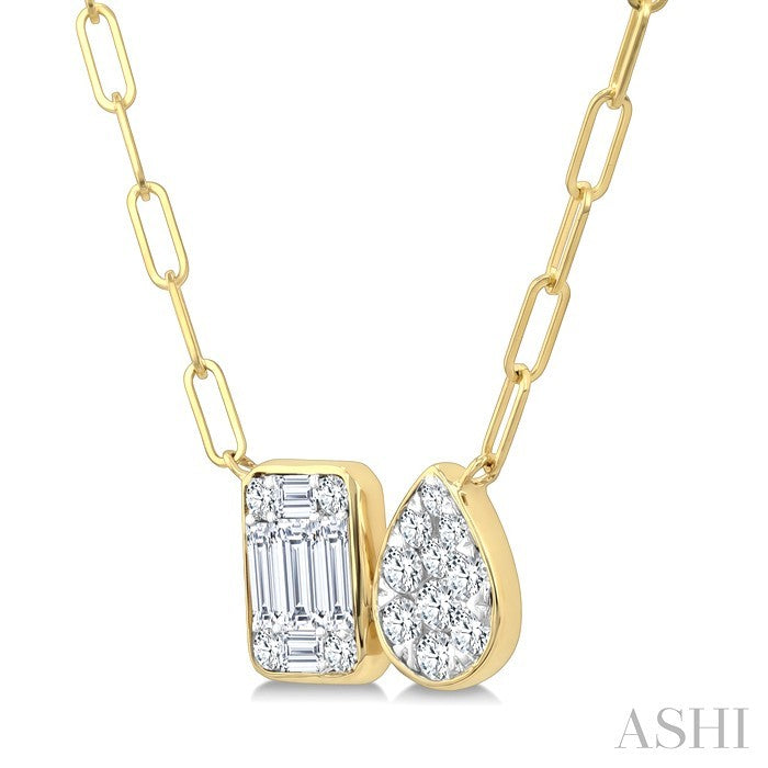1/2 Ctw Shine Bright Emerald and Pear Shape Toi Et Moi Baguette and Round Cut Diamond Necklace in 14K Yellow and White Gold