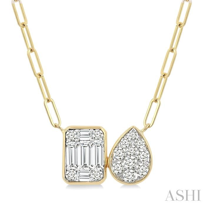 1/2 Ctw Shine Bright Emerald and Pear Shape Toi Et Moi Baguette and Round Cut Diamond Necklace in 14K Yellow and White Gold