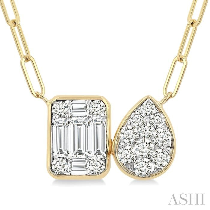 1/2 Ctw Shine Bright Emerald and Pear Shape Toi Et Moi Baguette and Round Cut Diamond Necklace in 14K Yellow and White Gold