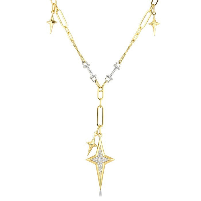 3/8 Ctw Star Shape Paperclip Round Cut Diamond Fashion Necklace in 14K Yellow and White Gold