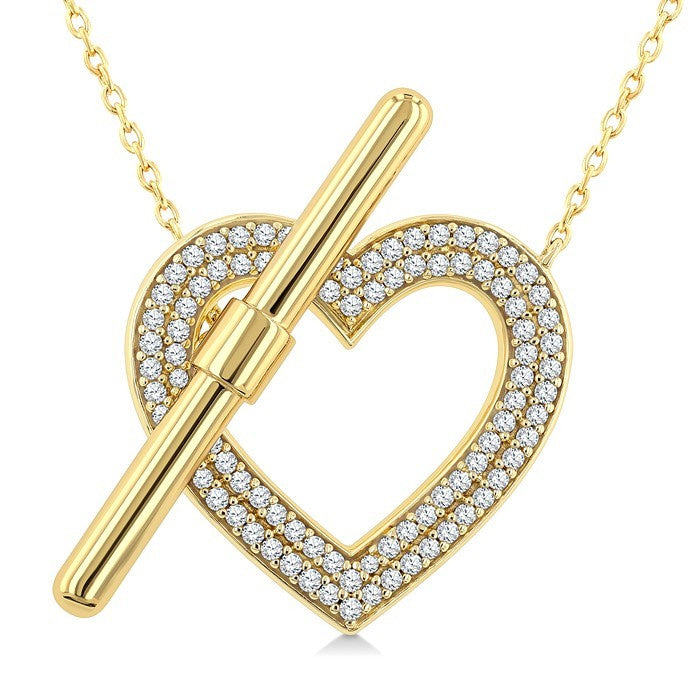 1/4 Ctw Heart Frame Round Cut Diamond Fashion Toggle Necklace in 10K Yellow Gold