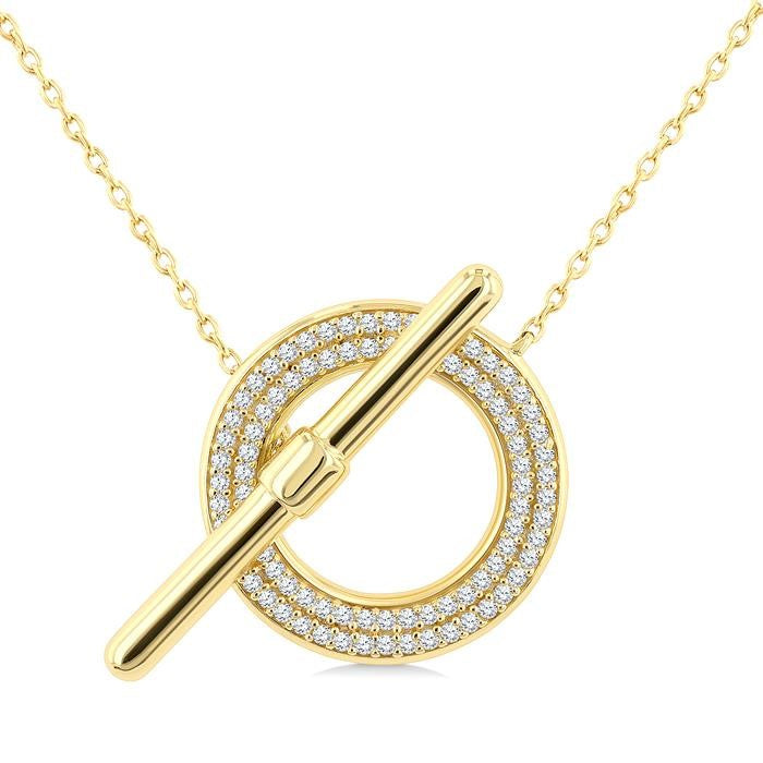 1/4 Ctw Circle Frame Round Cut Diamond Fashion Toggle Necklace in 10K Yellow Gold