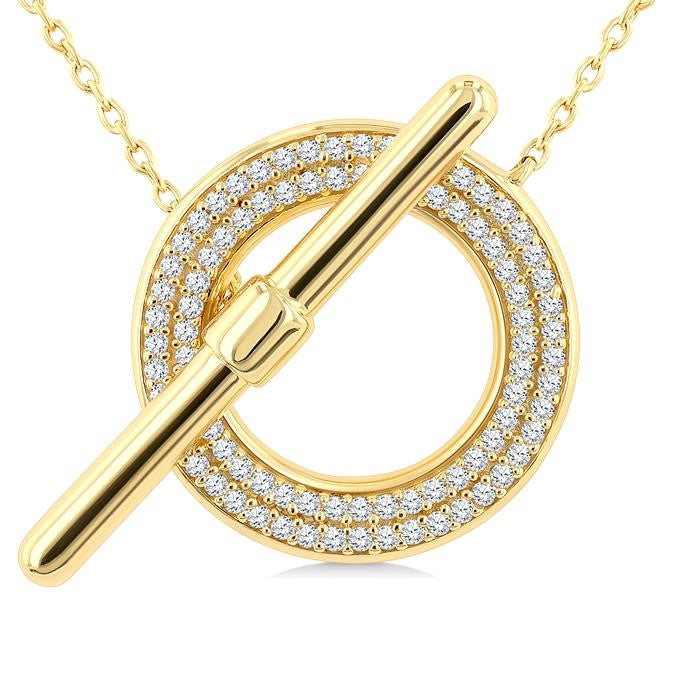 1/4 Ctw Circle Frame Round Cut Diamond Fashion Toggle Necklace in 10K Yellow Gold