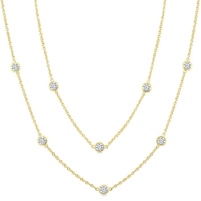 3 Ctw Bezel Set Round Cut Diamond Station Long Necklace in 14K Yellow Gold