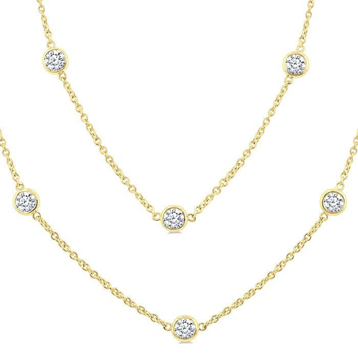 3 Ctw Bezel Set Round Cut Diamond Station Long Necklace in 14K Yellow Gold