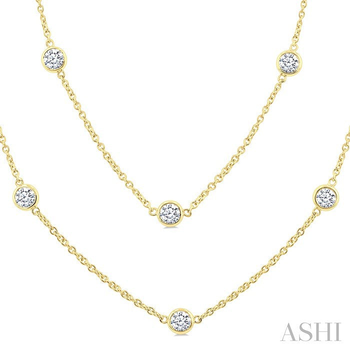 3 Ctw Bezel Set Round Cut Diamond Station Long Necklace in 14K Yellow Gold