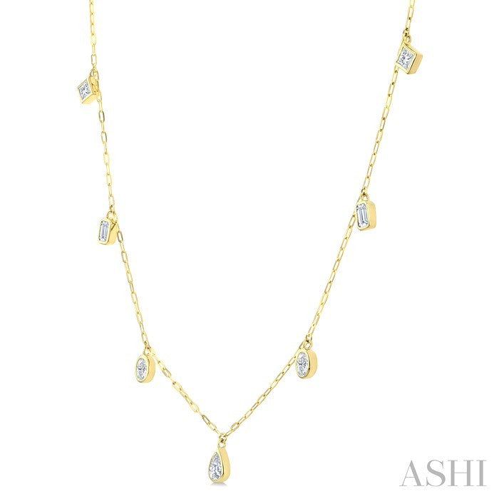 1 1/5 Ctw Bezel Set Mixed Diamond Cut Station Necklace in 14K Yellow Gold