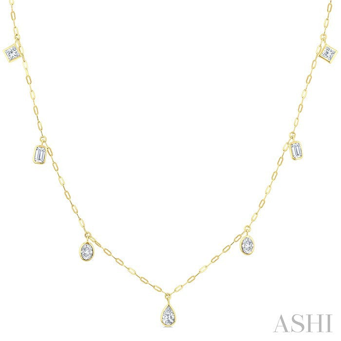 1 1/5 Ctw Bezel Set Mixed Diamond Cut Station Necklace in 14K Yellow Gold
