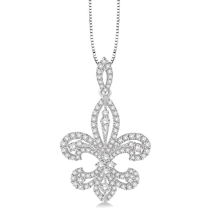 1 Ctw Round Cut Diamond Fleur De Lis Diamond Pendant in 14K White Gold with Chain