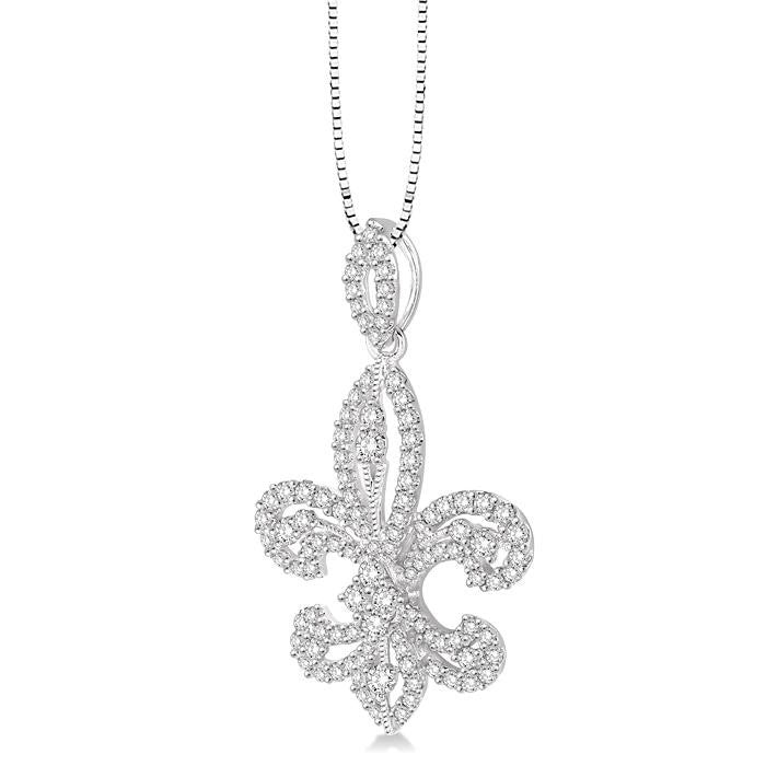 1 Ctw Round Cut Diamond Fleur De Lis Diamond Pendant in 14K White Gold with Chain