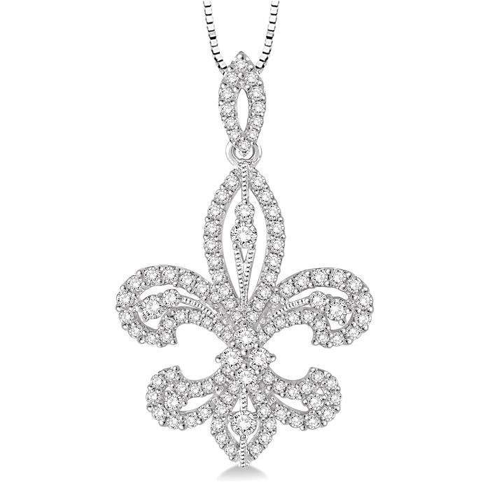 1 Ctw Round Cut Diamond Fleur De Lis Diamond Pendant in 14K White Gold with Chain