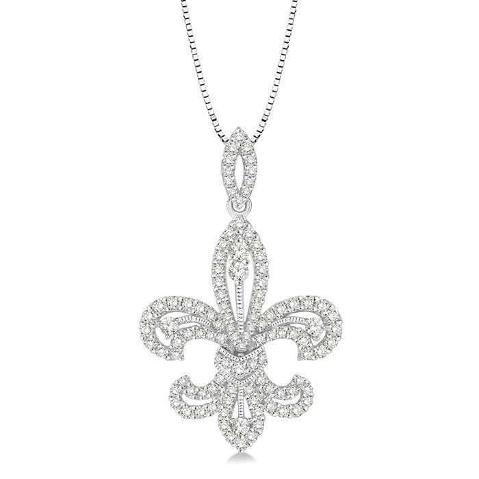 7/8 Ctw Round Cut Diamond Fleur De Lis Diamond Pendant in 14K White Gold with Chain