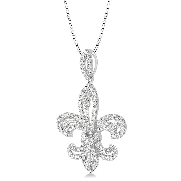 7/8 Ctw Round Cut Diamond Fleur De Lis Diamond Pendant in 14K White Gold with Chain