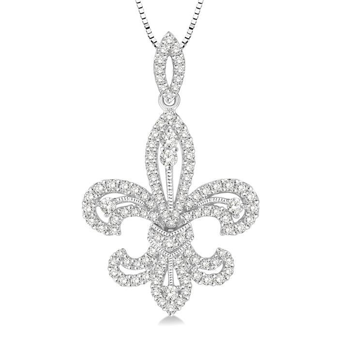 7/8 Ctw Round Cut Diamond Fleur De Lis Diamond Pendant in 14K White Gold with Chain
