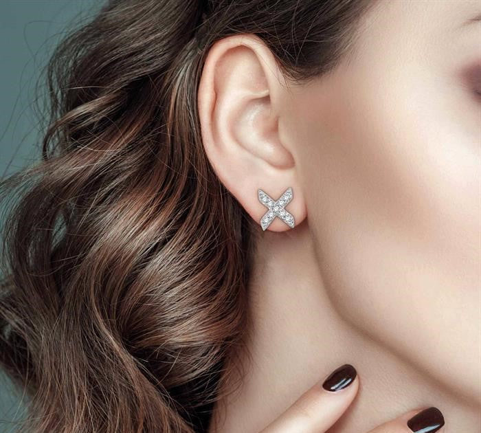 1/10 Ctw 'XO' Hugs and Kisses Petite Round Cut Diamond Earrings in 10K White Gold