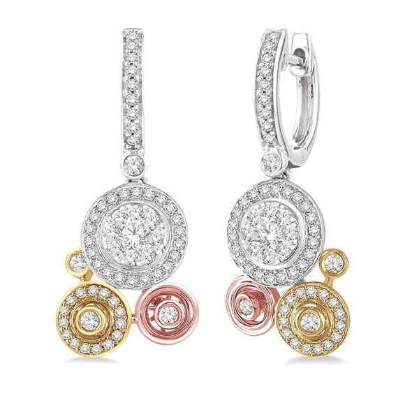 7/8 Ctw Round Cut Diamond Shine Bright Fashion Earrings in 14K Tri Color Gold