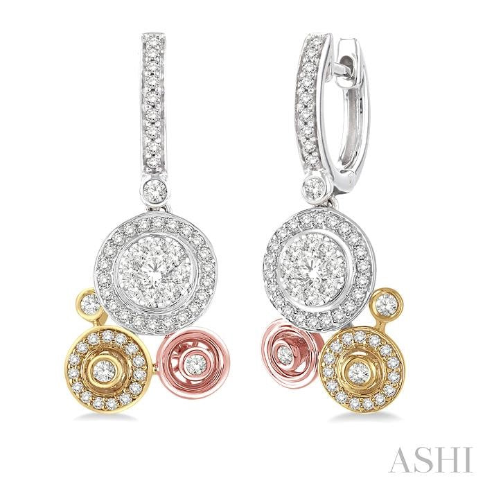 7/8 Ctw Round Cut Diamond Shine Bright Fashion Earrings in 14K Tri Color Gold