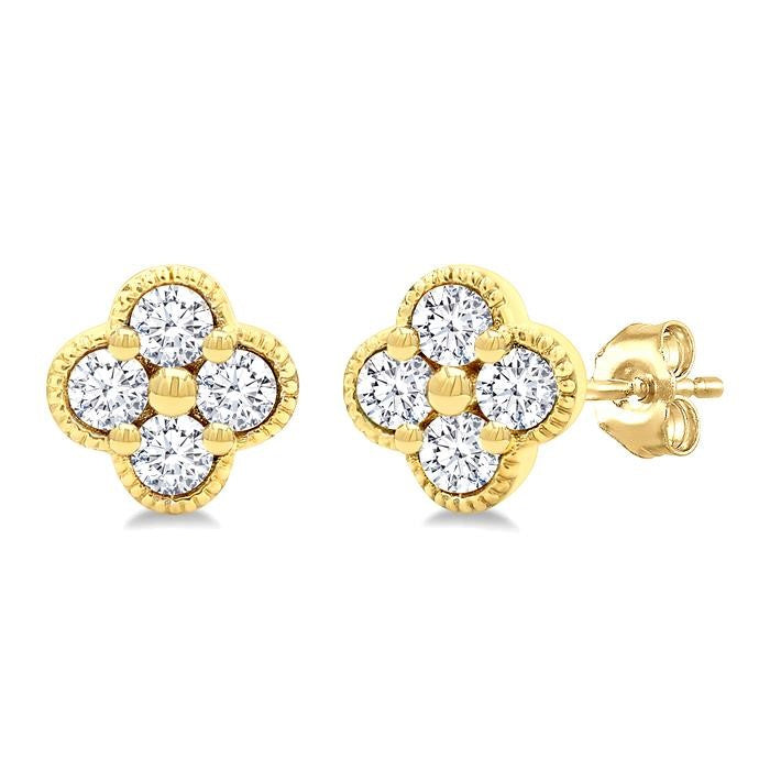 1/5 Ctw Clover Round Cut Diamond Fashion Earrings in 14K Yellow Gold