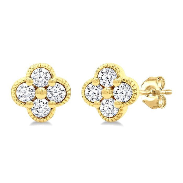 1/5 Ctw Clover Round Cut Diamond Fashion Earrings in 14K Yellow Gold