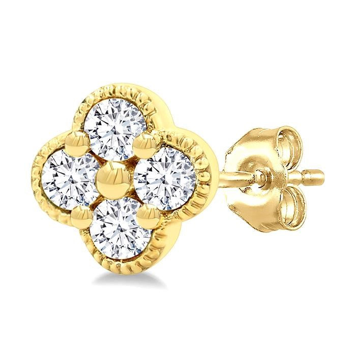 1/5 Ctw Clover Round Cut Diamond Fashion Earrings in 14K Yellow Gold