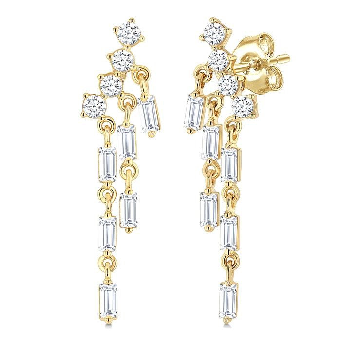 3/4 Ctw Mini Chandelier Baguette and Round Cut Diamond Fashion Long Earrings in 14K Yellow Gold