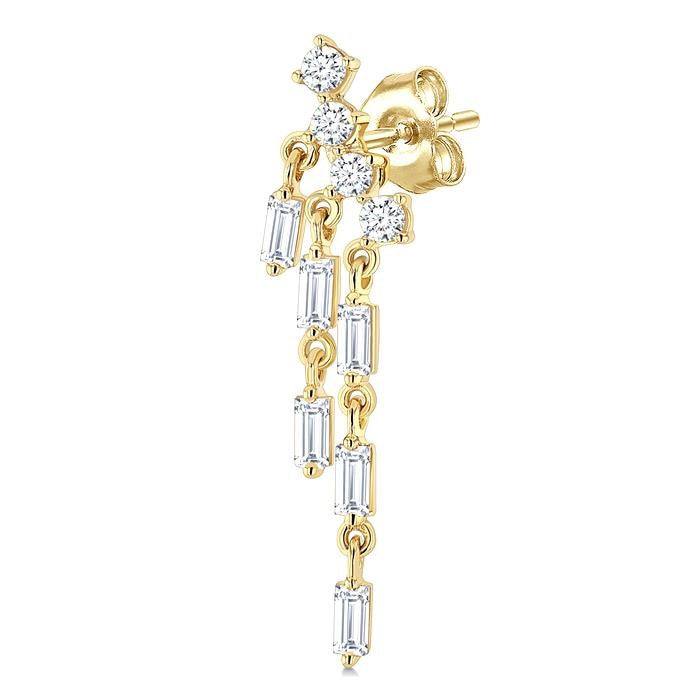 3/4 Ctw Mini Chandelier Baguette and Round Cut Diamond Fashion Long Earrings in 14K Yellow Gold